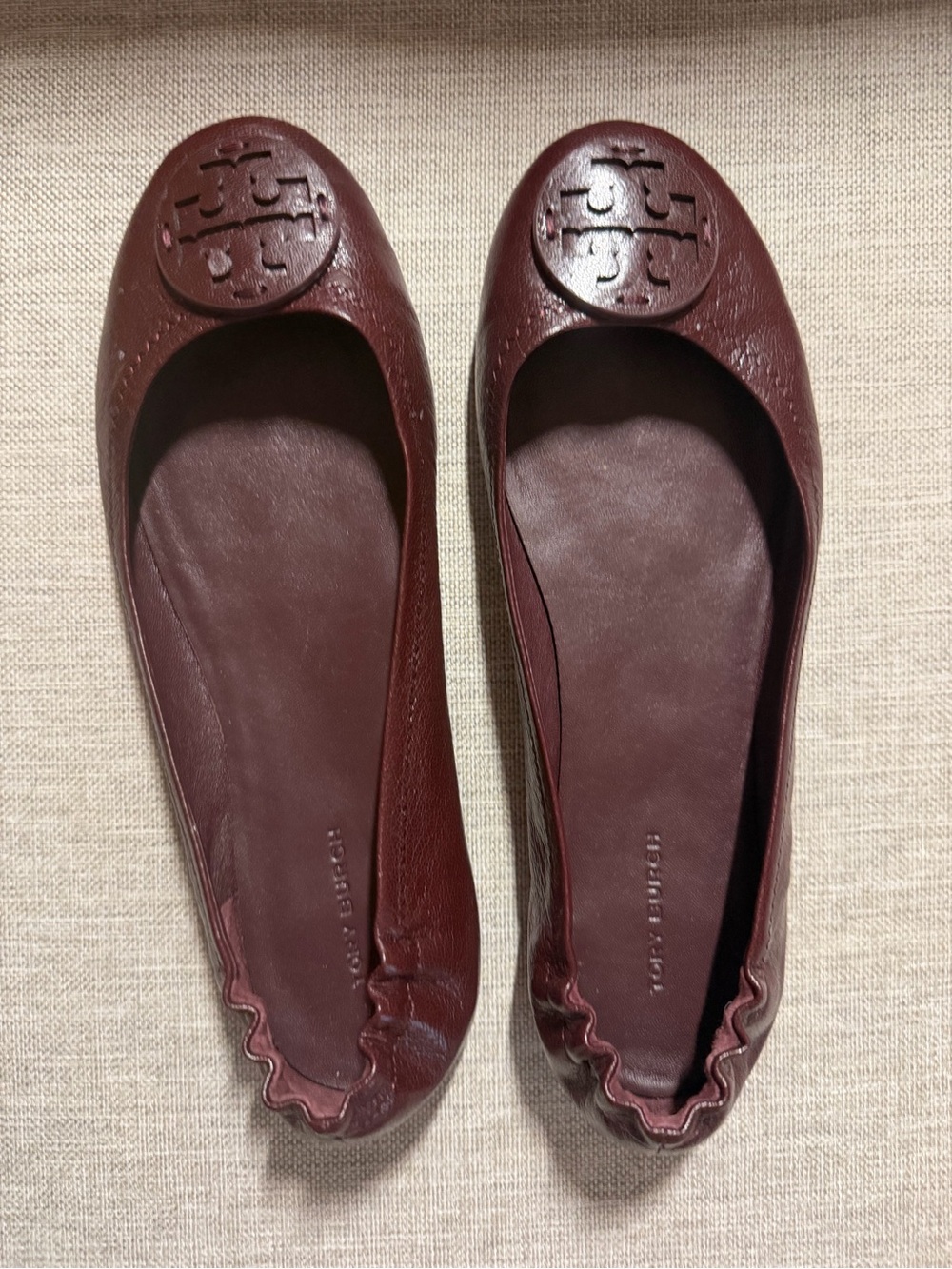 Tory Burch Burgundy Leather Logo Ballet Flats